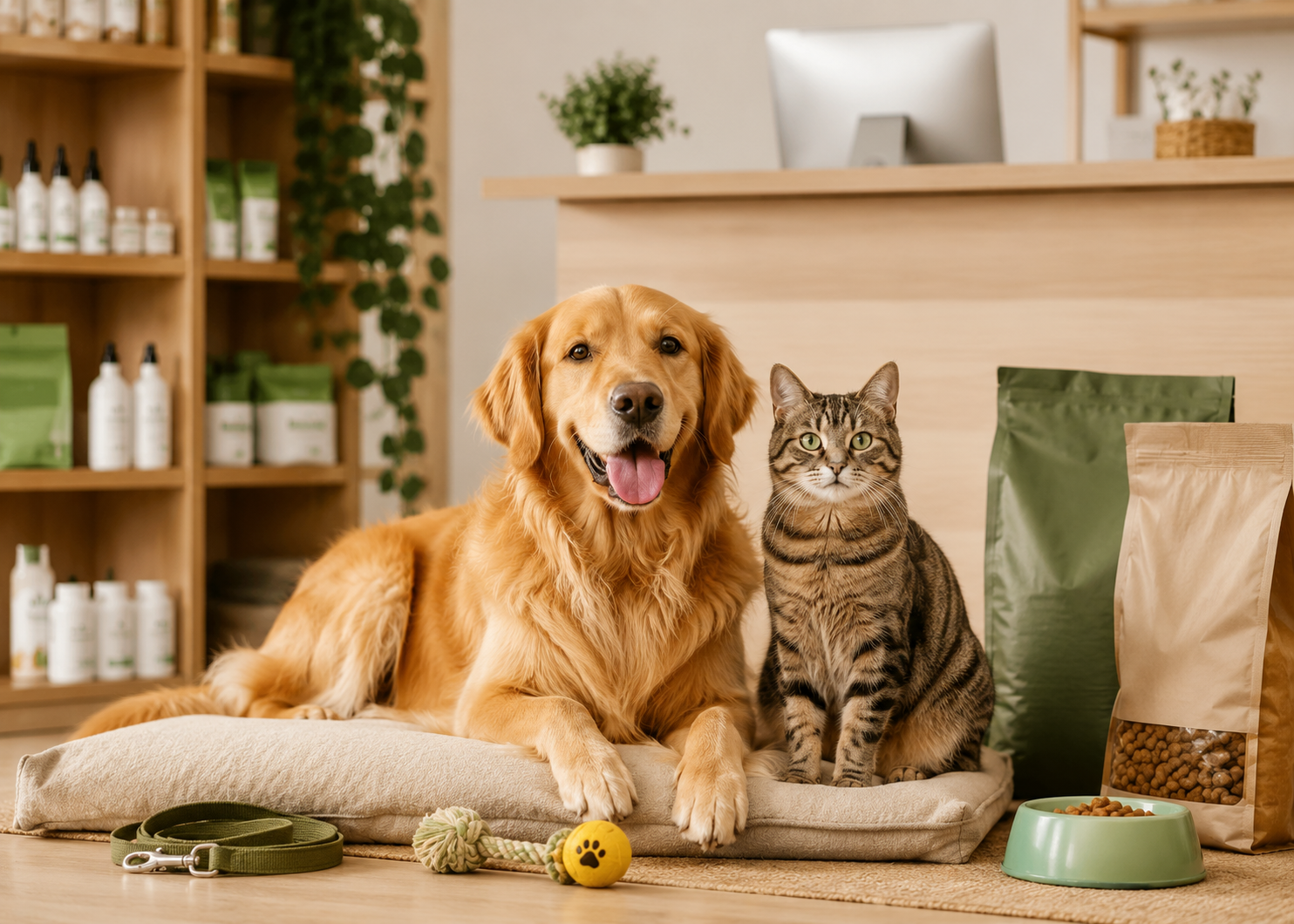 Cachorro e gato com produtos pet
